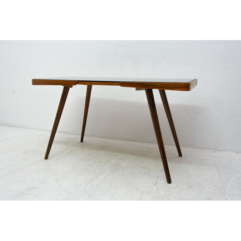 Vintage coffee table in opaque glass and beech wood by Interior Praha, Czechoslovakia 1960