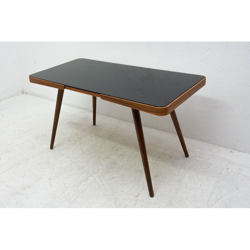 Vintage coffee table in opaque glass and beech wood by Interior Praha, Czechoslovakia 1960