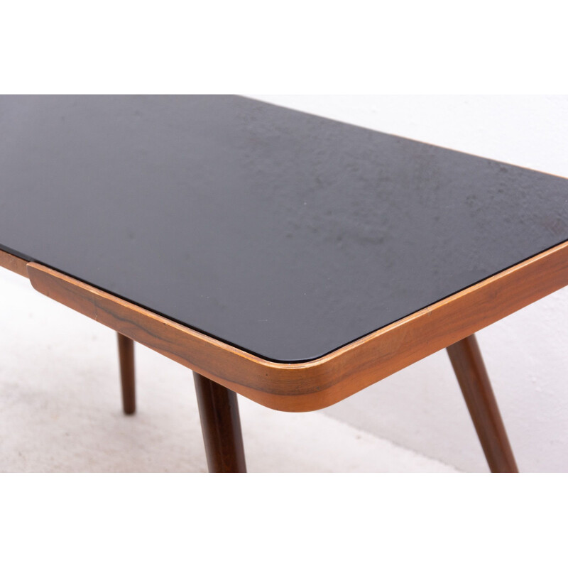 Vintage coffee table in opaque glass and beech wood by Interior Praha, Czechoslovakia 1960