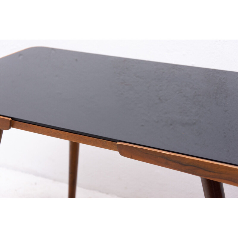 Vintage coffee table in opaque glass and beech wood by Interior Praha, Czechoslovakia 1960