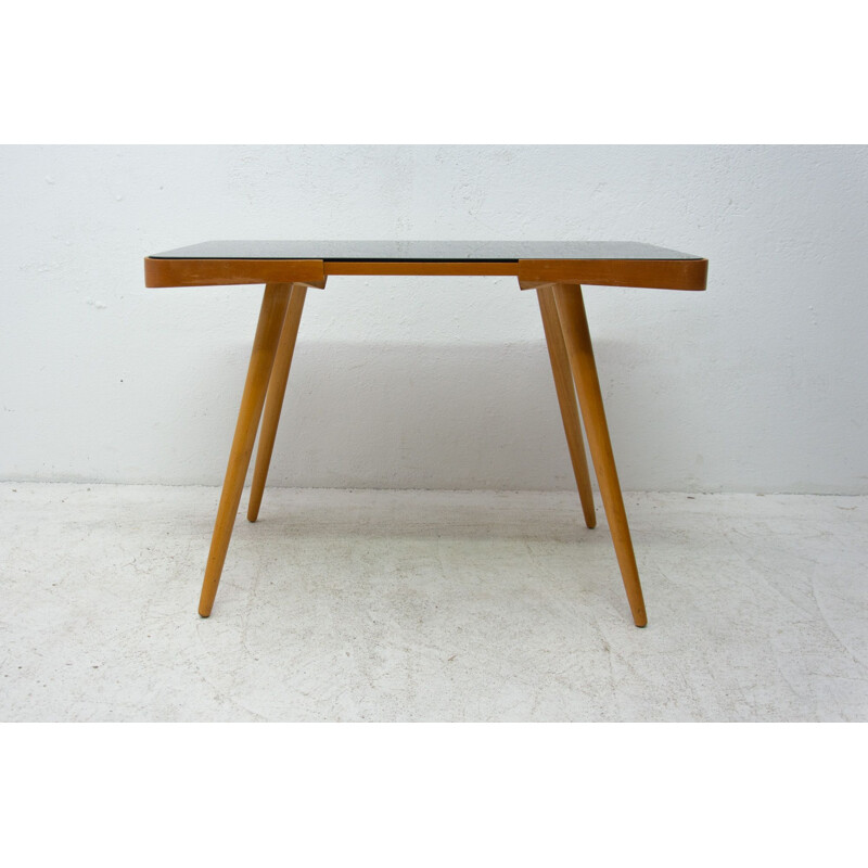 Vintage coffee table in opaque glass and beech wood by Interior Praha, Czechoslovakia 1960