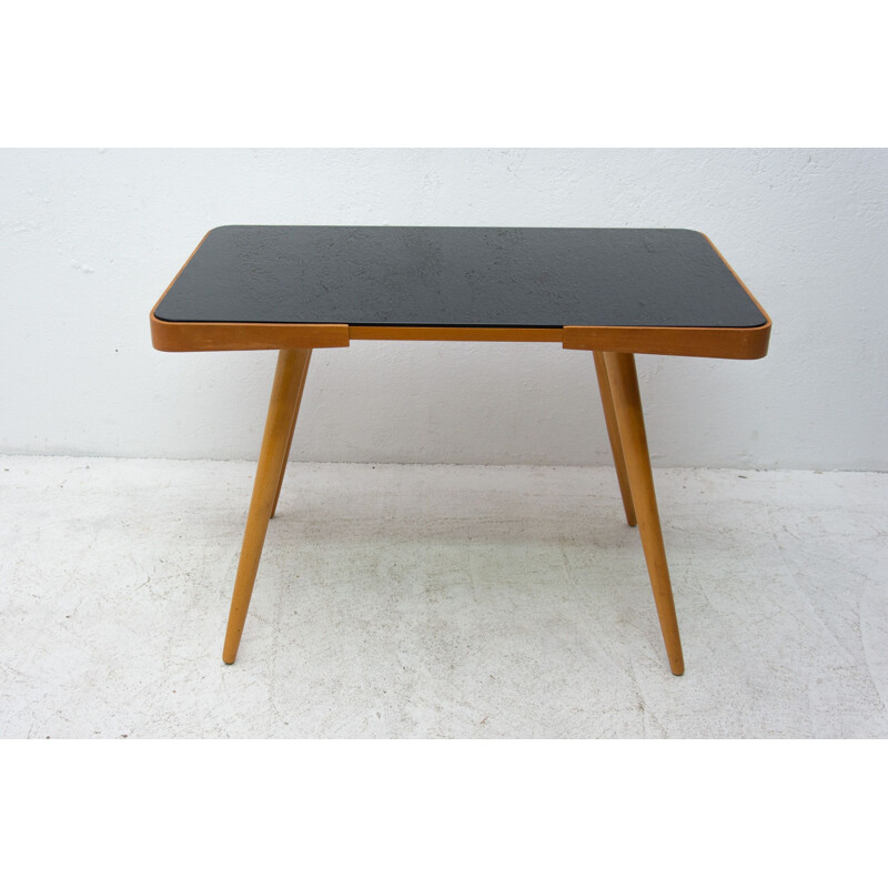 Vintage coffee table in opaque glass and beech wood by Interior Praha, Czechoslovakia 1960