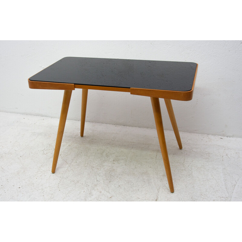 Vintage coffee table in opaque glass and beech wood by Interior Praha, Czechoslovakia 1960