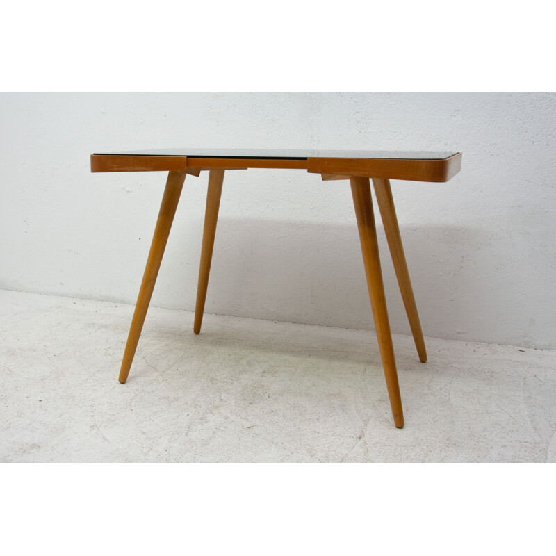 Vintage coffee table in opaque glass and beech wood by Interior Praha, Czechoslovakia 1960