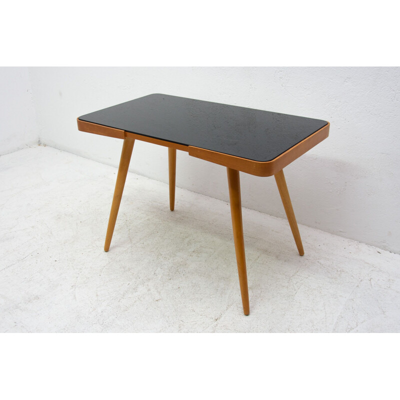 Vintage coffee table in opaque glass and beech wood by Interior Praha, Czechoslovakia 1960