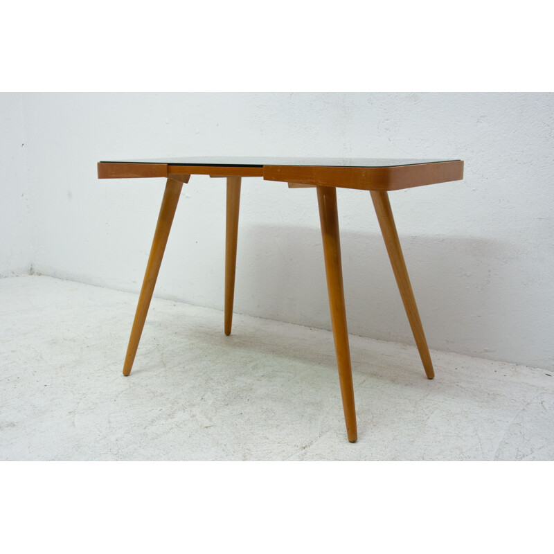 Vintage coffee table in opaque glass and beech wood by Interior Praha, Czechoslovakia 1960