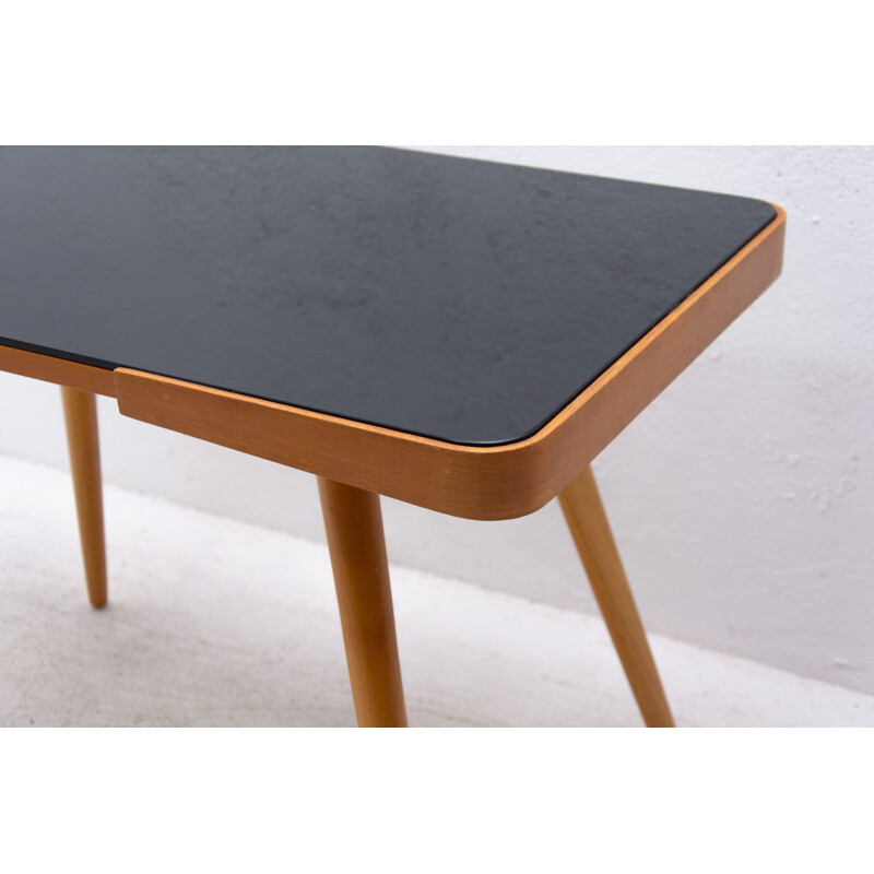 Vintage coffee table in opaque glass and beech wood by Interior Praha, Czechoslovakia 1960