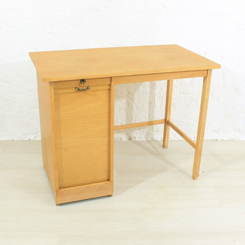 Vintage solid oak and beech shutter desk, 1950