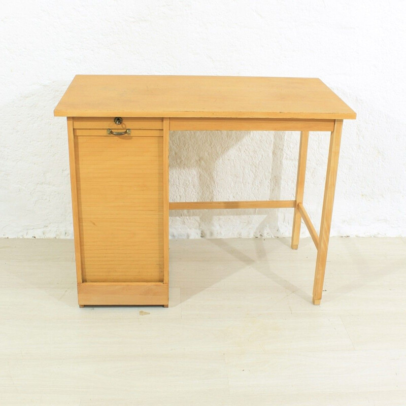 Vintage solid oak and beech shutter desk, 1950