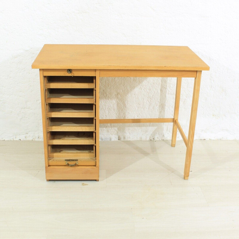 Vintage bureau met rolluiken in massief eiken en beuken, 1950