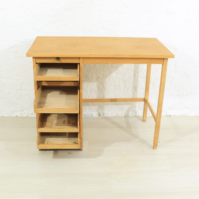 Vintage solid oak and beech shutter desk, 1950