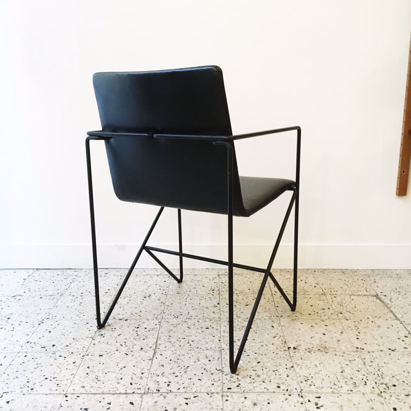 Vintage Armchair with metal frame and black leather seating 1980s