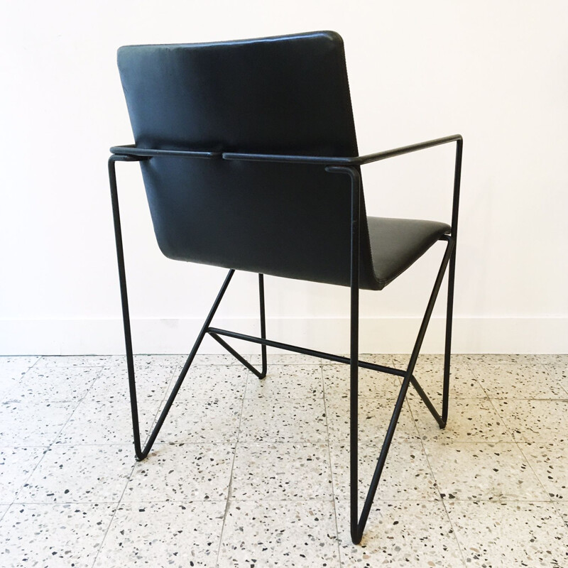 Vintage Armchair with metal frame and black leather seating 1980s