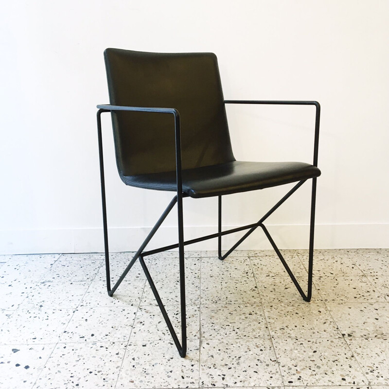 Vintage Armchair with metal frame and black leather seating 1980s