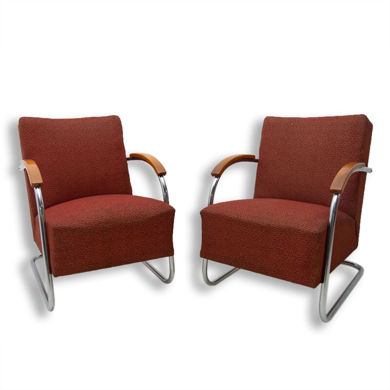 Pair of vintage Bauhaus tubular steel armchairs by Mücke & Melder 1950s
