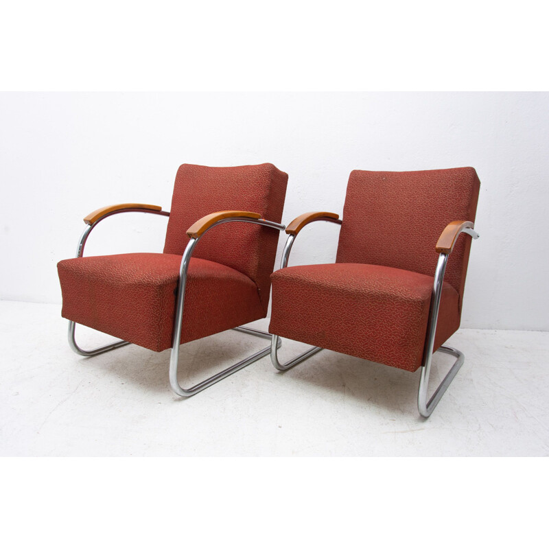 Pair of vintage Bauhaus tubular steel armchairs by Mücke & Melder 1950s