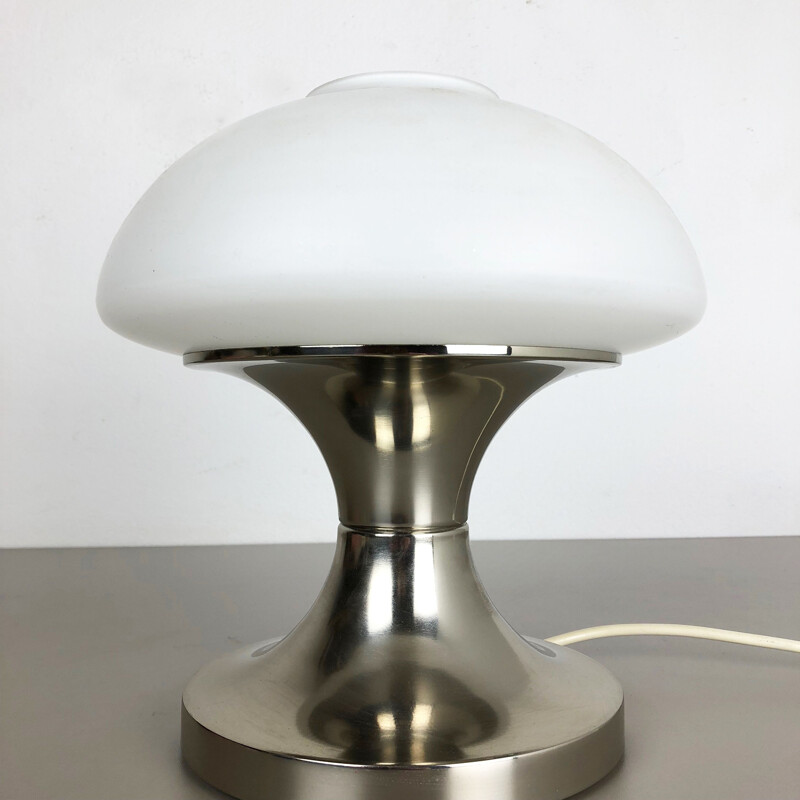 Lampe de table vintage moderniste champignon Spoutnik avec abat-jour opale Italie 1970