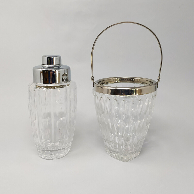 Vintage Gorgeous Cut Crystal Cocktail Shaker with Ice Bucket Made Italy 1960s