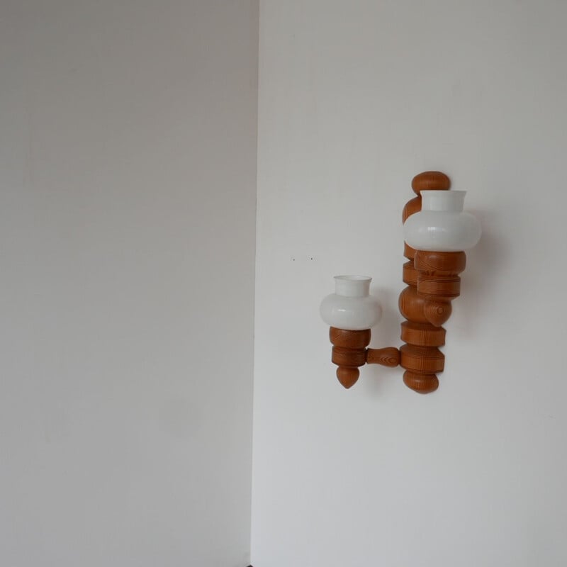 Vintage Pine and Opaline Glass Wall Lamp Scandinavian 1970s