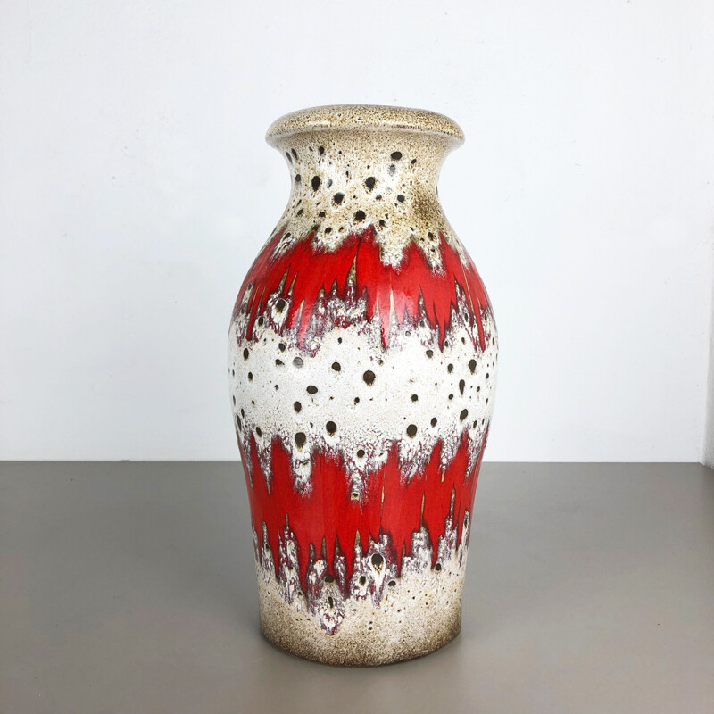 Large vintage Pottery Fat Lava Zig-Zag Multi-Color Vase by Scheurich 1970s