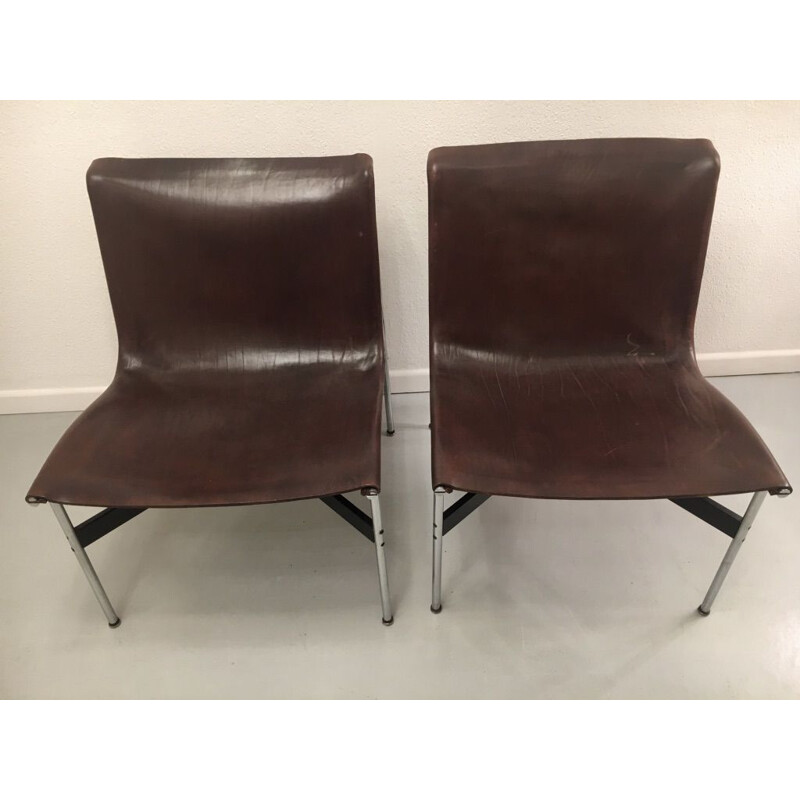 Pair of vintage chocolate leather chairs by William Katavolos, Ross Littel and Douglas Kelly for Laverne International 1952