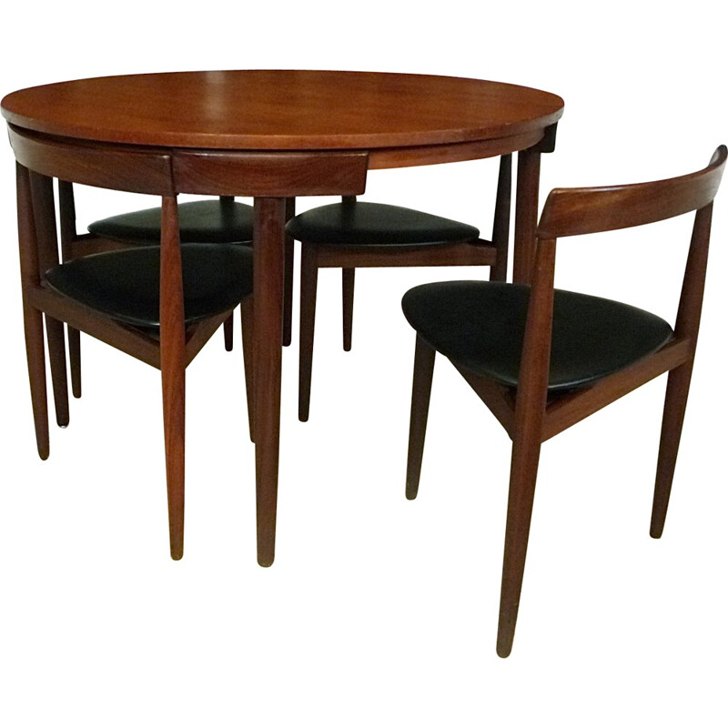 Set of dining table and 4 chairs in teak and leatherette, Hans OLSEN - 1960s