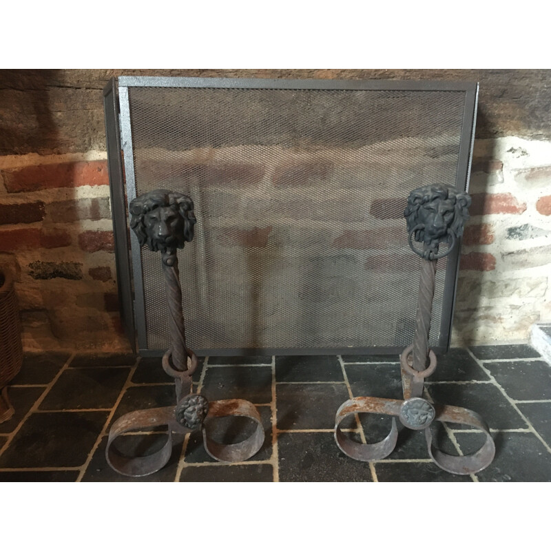 Pair of vintage lion heads Chenet and fire screen
