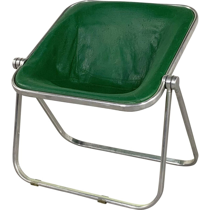 Vintage Green Leather Plona chair by Giancarlo Piretti for Castelli 1970s