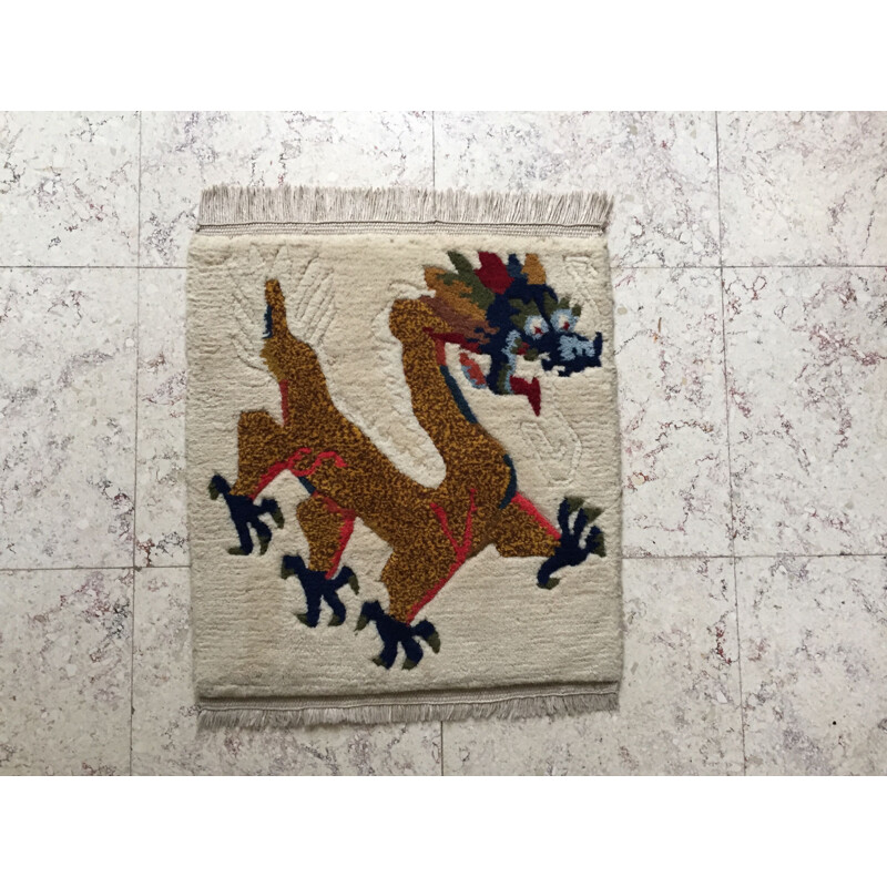 Vintage Wool Carpet Tibetan Dragon Decoration 1960s