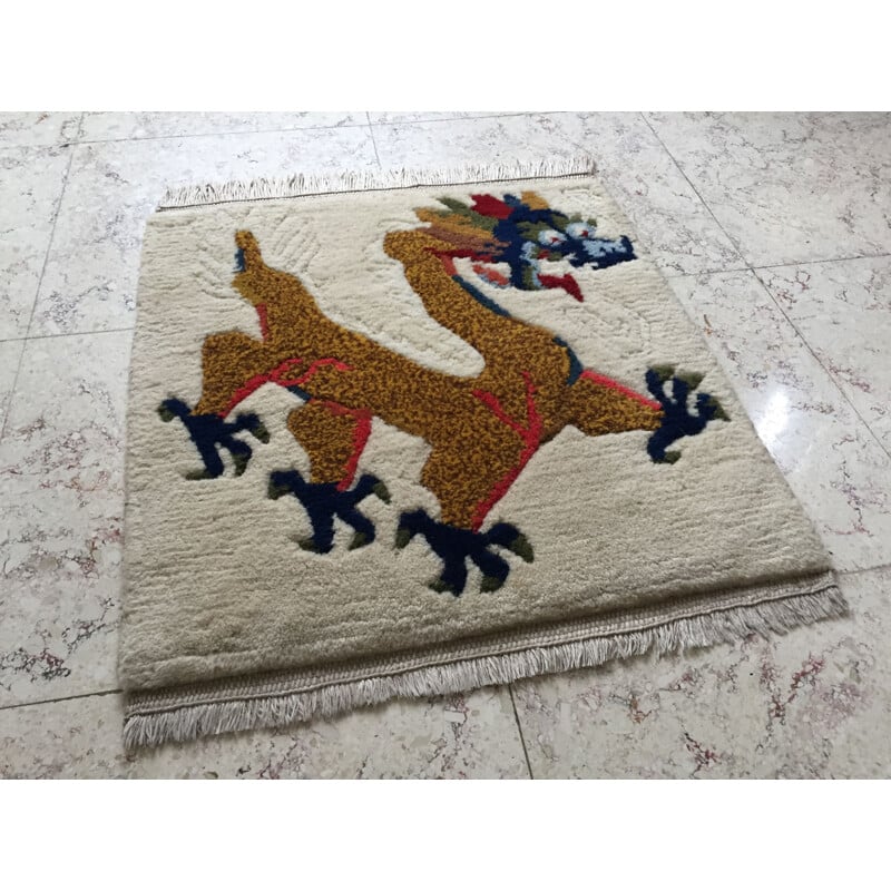 Vintage Wool Carpet Tibetan Dragon Decoration 1960s