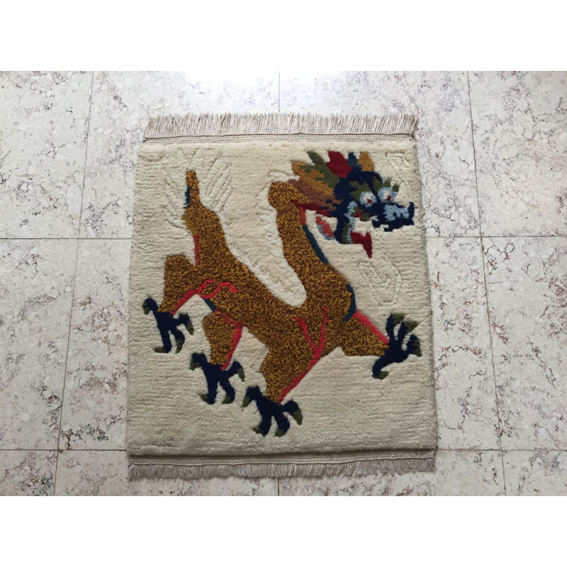 Vintage Wool Carpet Tibetan Dragon Decoration 1960s