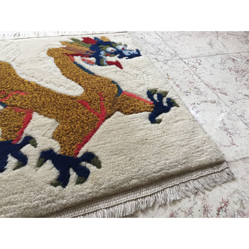 Vintage Wool Carpet Tibetan Dragon Decoration 1960s