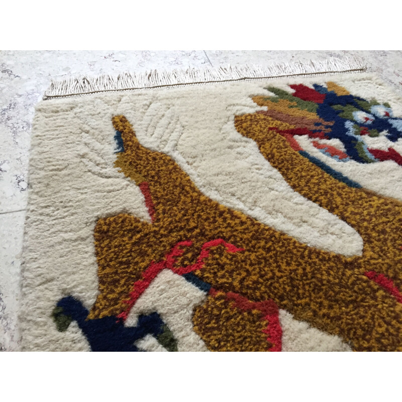 Vintage Wool Carpet Tibetan Dragon Decoration 1960s