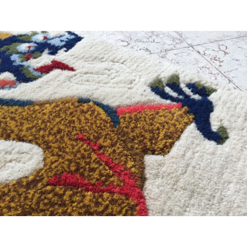 Vintage Wool Carpet Tibetan Dragon Decoration 1960s