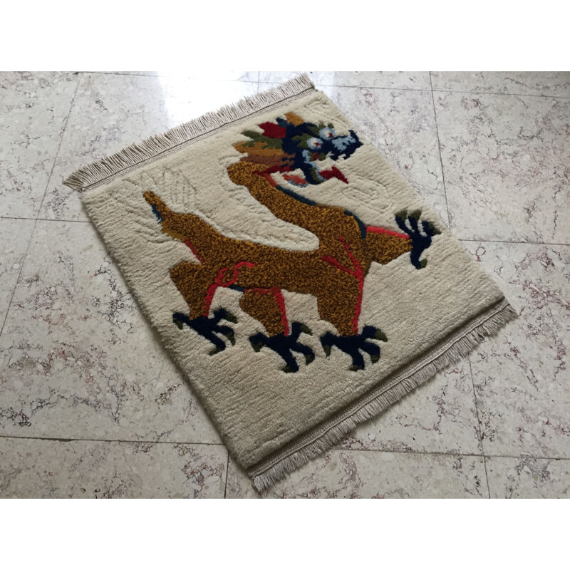 Vintage Wool Carpet Tibetan Dragon Decoration 1960s