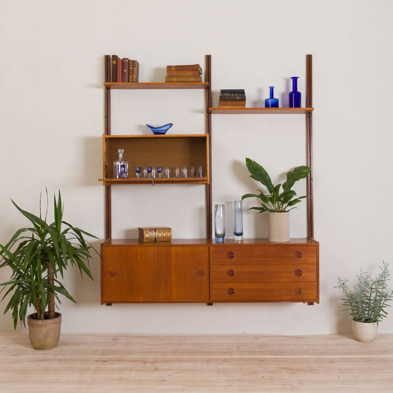 Vintage teak wall unit with sideboard and bar cabinet Scandinavian 1960s