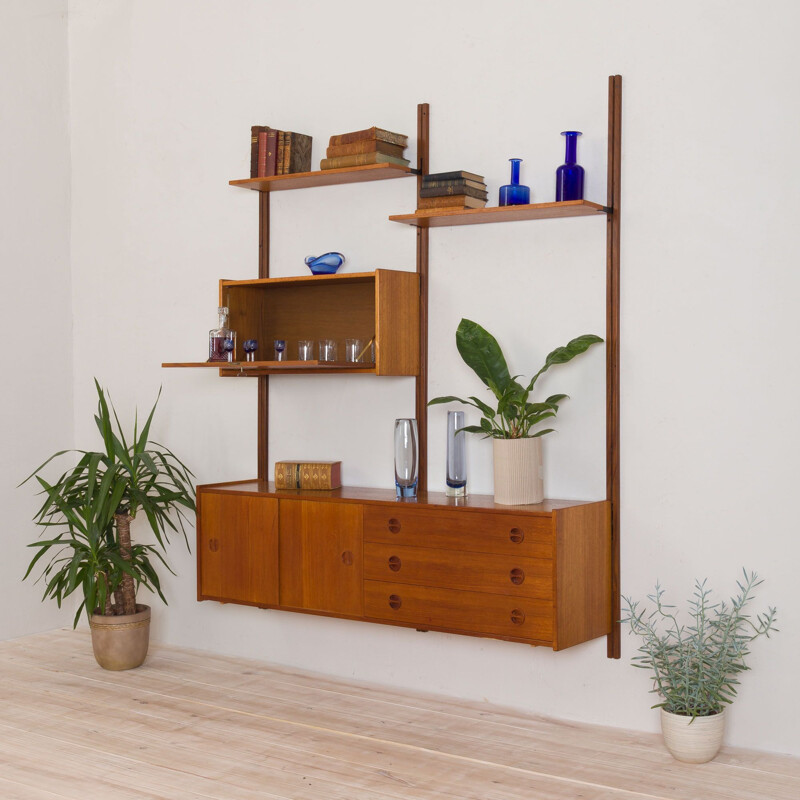Vintage teak wall unit with sideboard and bar cabinet Scandinavian 1960s