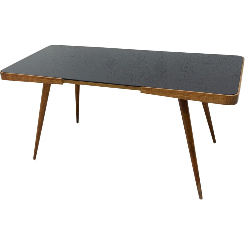 Vintage coffee table in opaque glass and beech wood, Czechoslovakia 1960