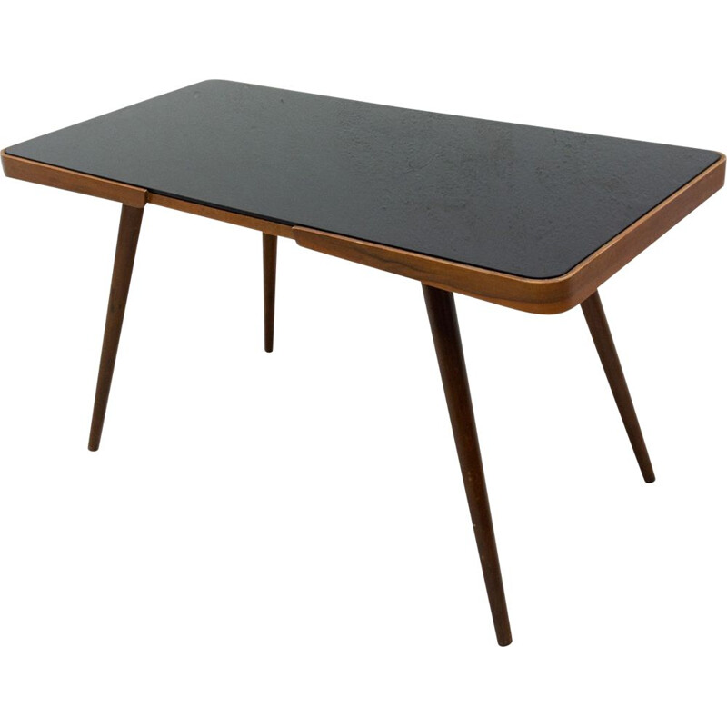 Vintage coffee table in opaque glass and beech wood by Interior Praha, Czechoslovakia 1960