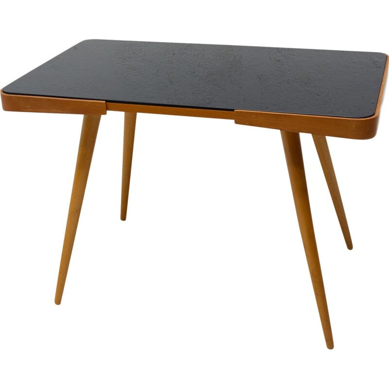 Vintage coffee table in opaque glass and beech wood by Interior Praha, Czechoslovakia 1960