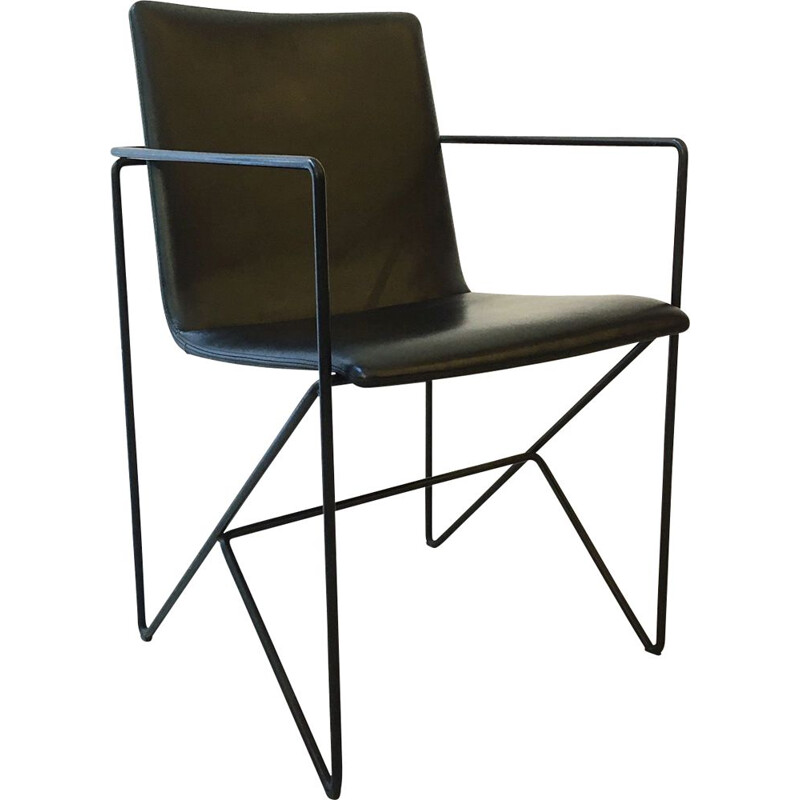 Vintage-Sessel mit Metallgestell und schwarzen Ledersitzen 1980