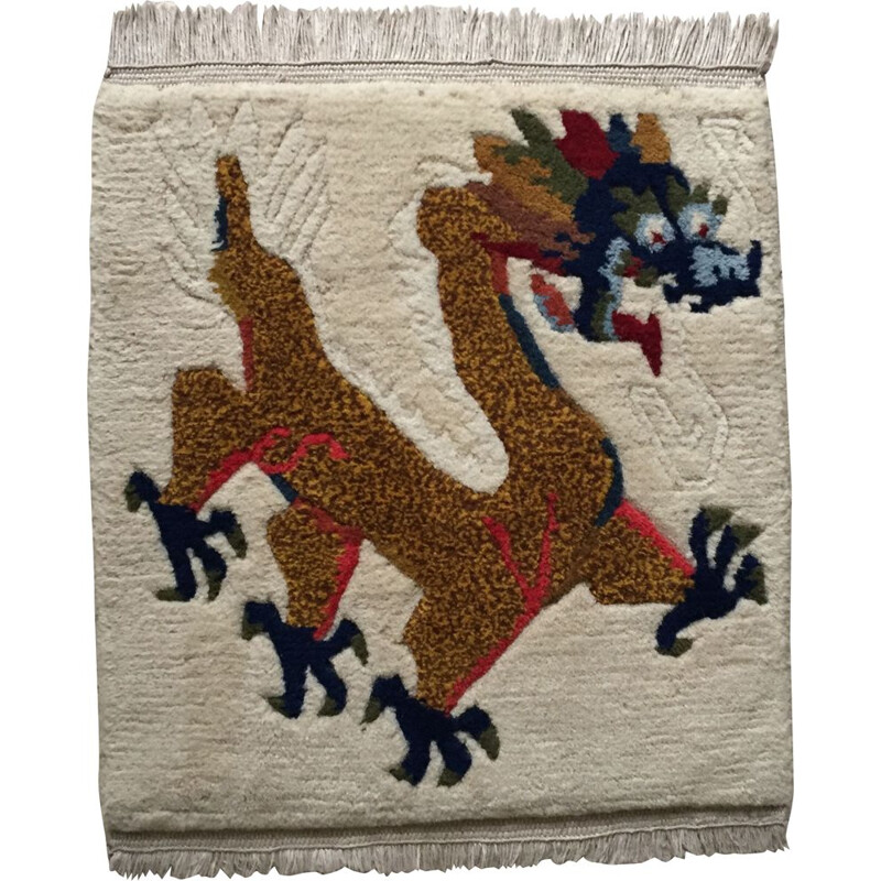 Vintage Wool Carpet Tibetan Dragon Decoration 1960s
