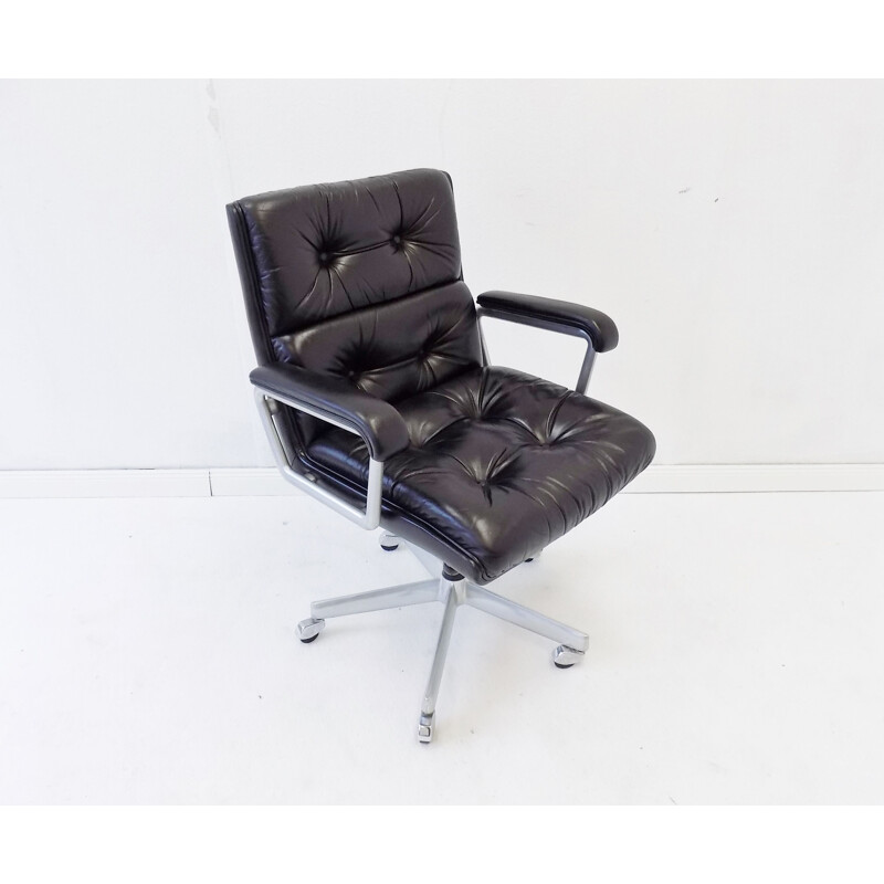 Vintage Girsberger black office leather armchair 1970s