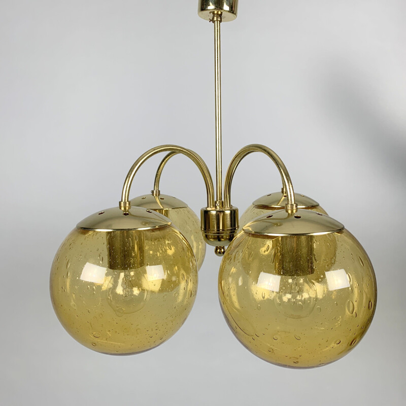 Vintage glass and brass chandelier with 4 arms