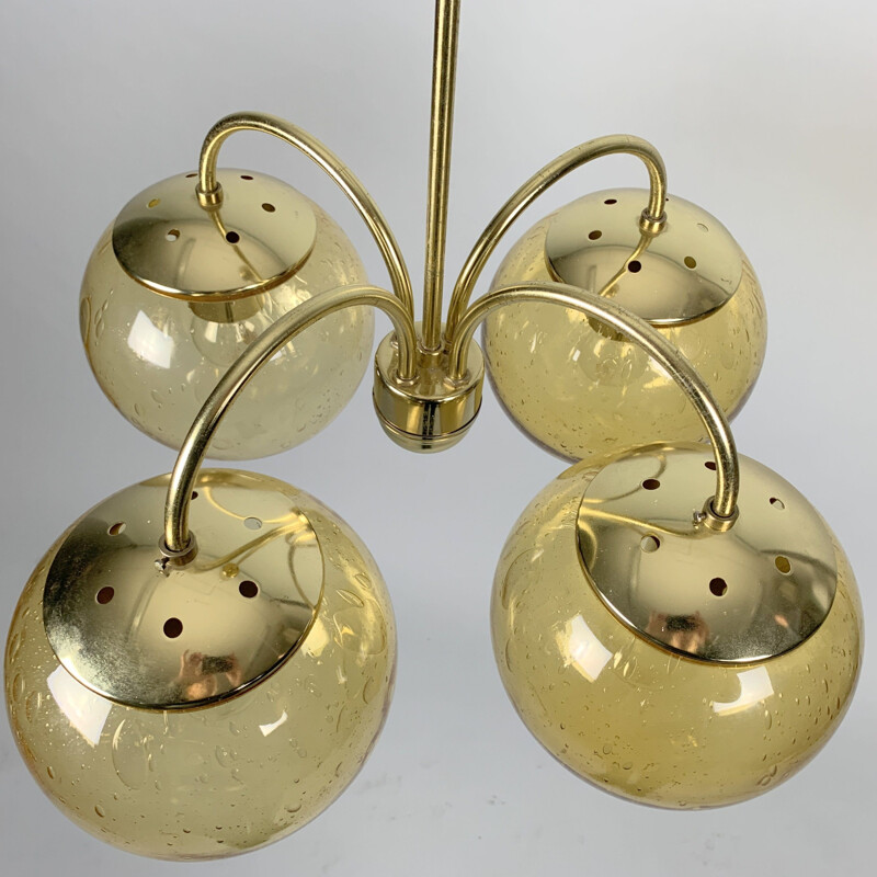Vintage glass and brass chandelier with 4 arms