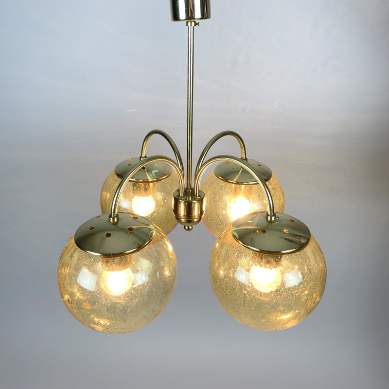 Vintage glass and brass chandelier with 4 arms