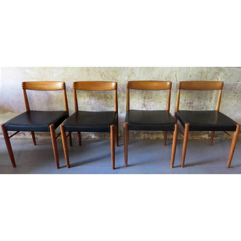 Lot de 4 chaises vintage H. W. Klein en teck et cuir marqueté 1960