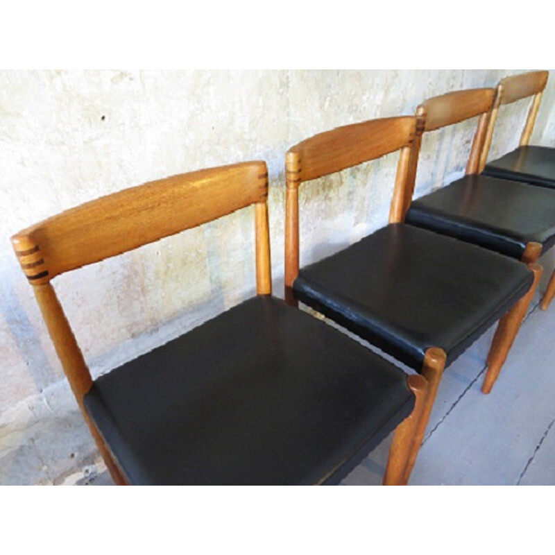 Lot de 4 chaises vintage H. W. Klein en teck et cuir marqueté 1960