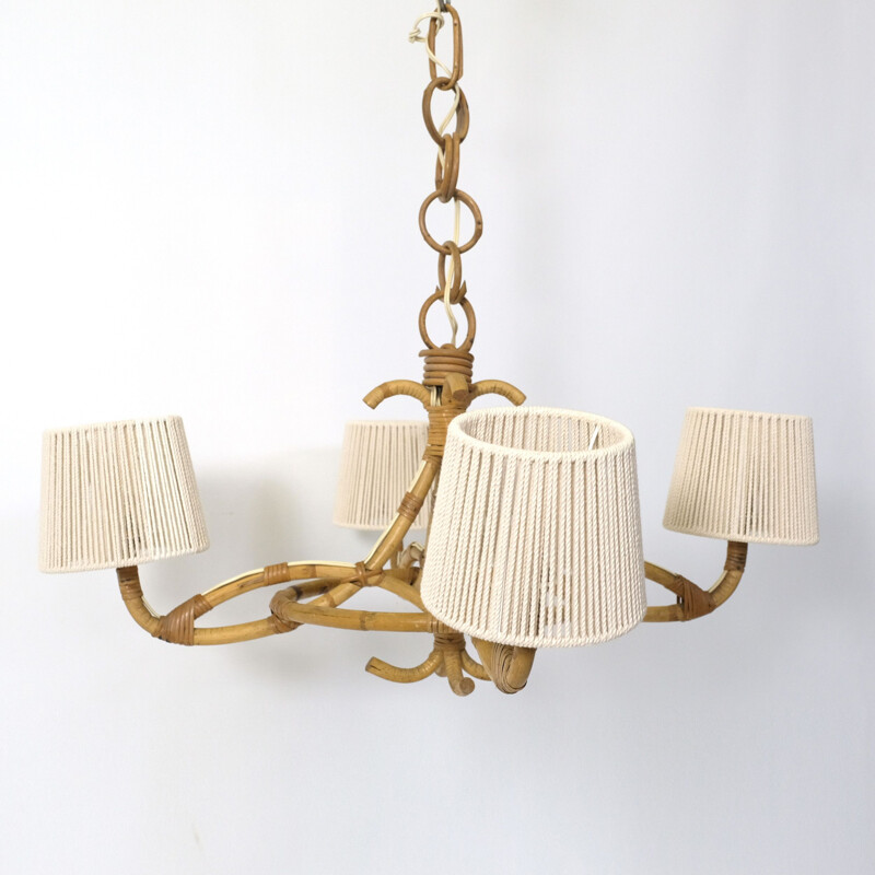 Vintage 4-burner bamboo and rope hanging lamp 1960s