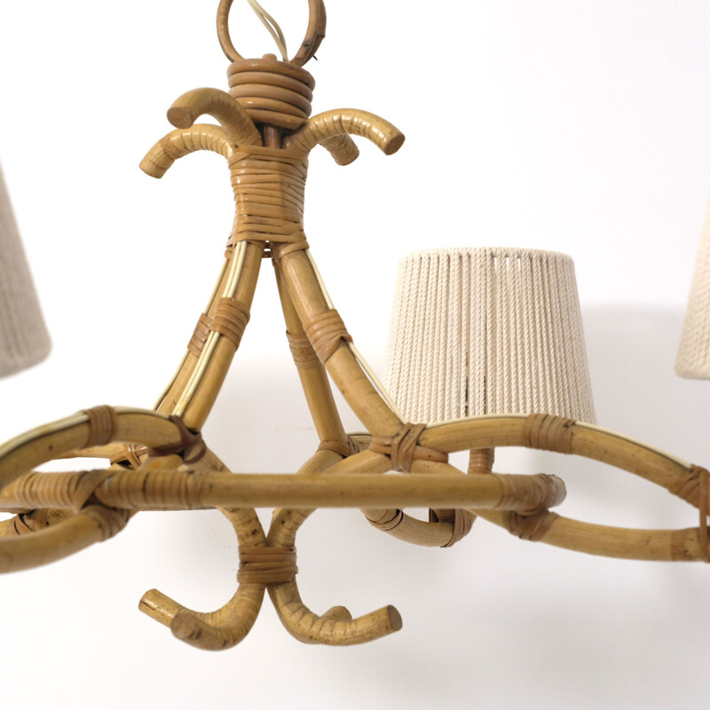 Vintage 4-burner bamboo and rope hanging lamp 1960s